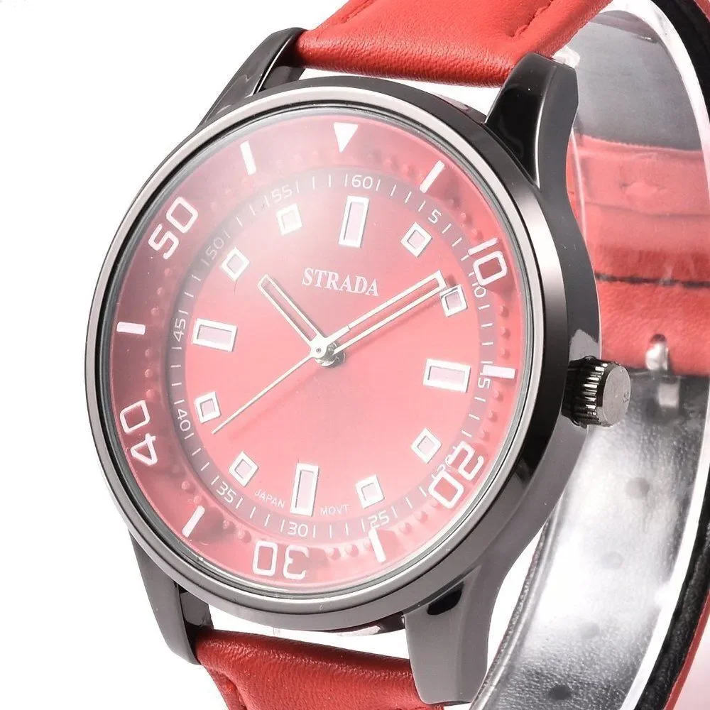 STRADA  Watch with Red Faux Leather Band and Stainless Steel Back